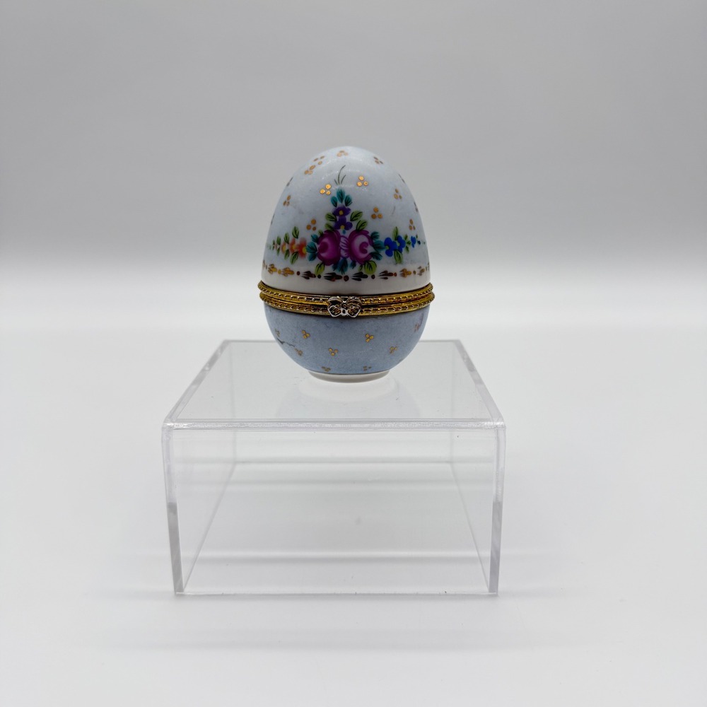 Vintage Floral Porcelain Egg Trinket Box Hand Painted Hinged Gold Trim Blue 3"